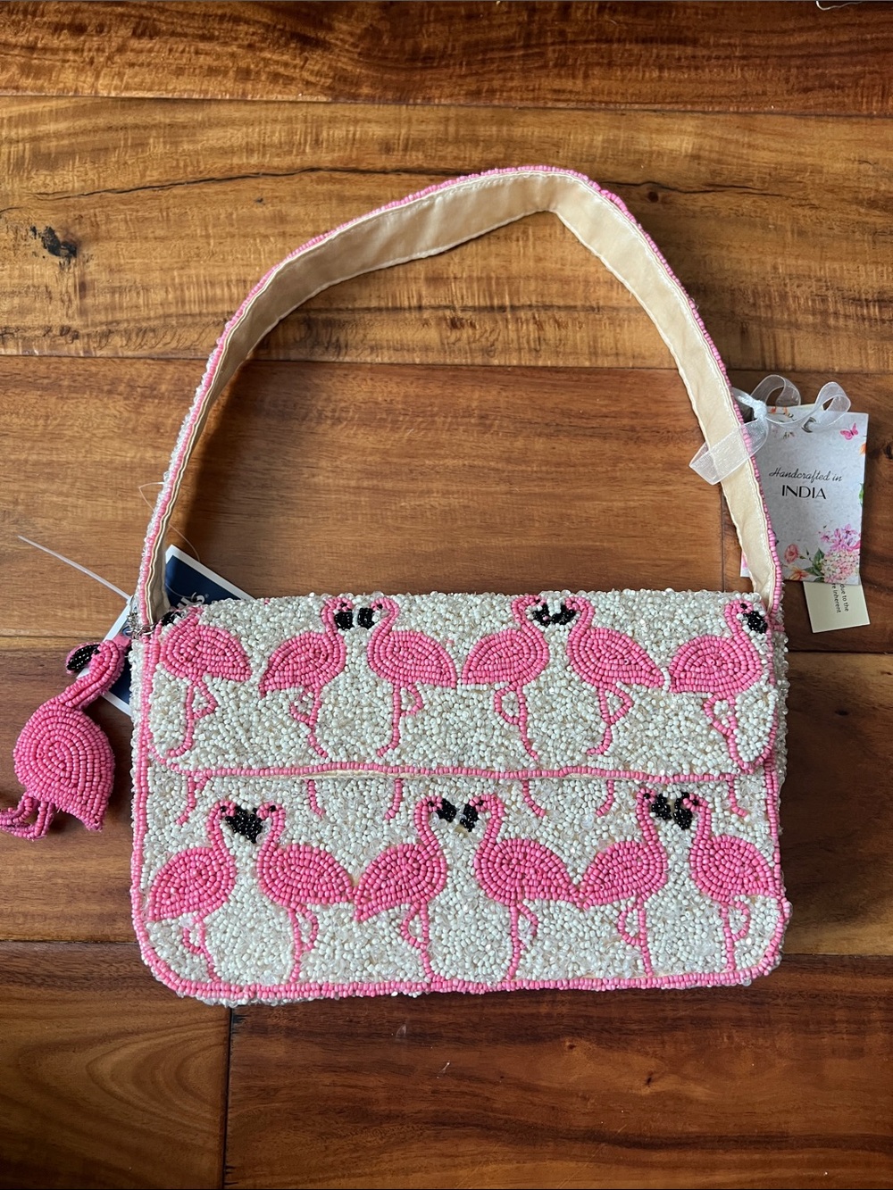Handcrafted Pink Flamingo Beaded Shoulder Bag
